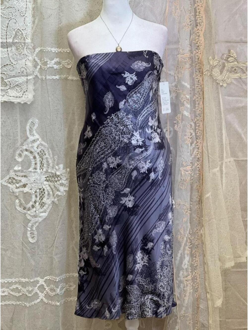 NWT Papell Boutique blue/periwinkle paisley silk midi dress with beads Sz 8